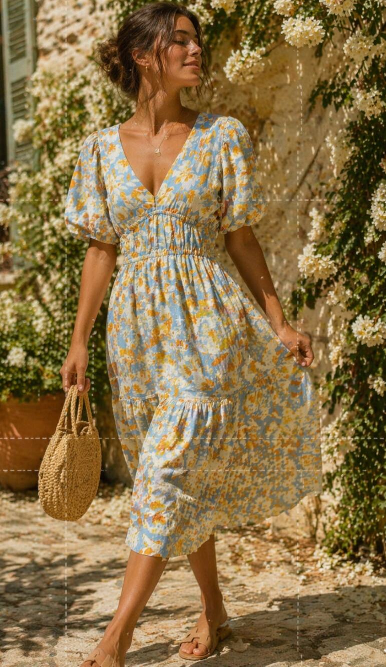 Hyacinth House Blue Floral Puff Sleeve Midi Dress XS Cottagecore